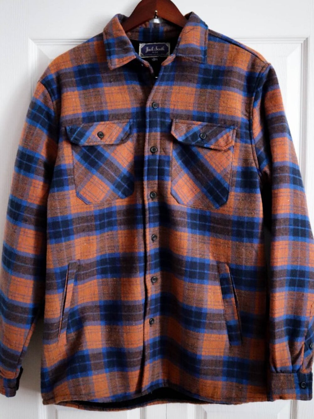 Jack South New York Sherpa Fleece Lined Flannel Shirt Shacket Orange Plaid Sz XL